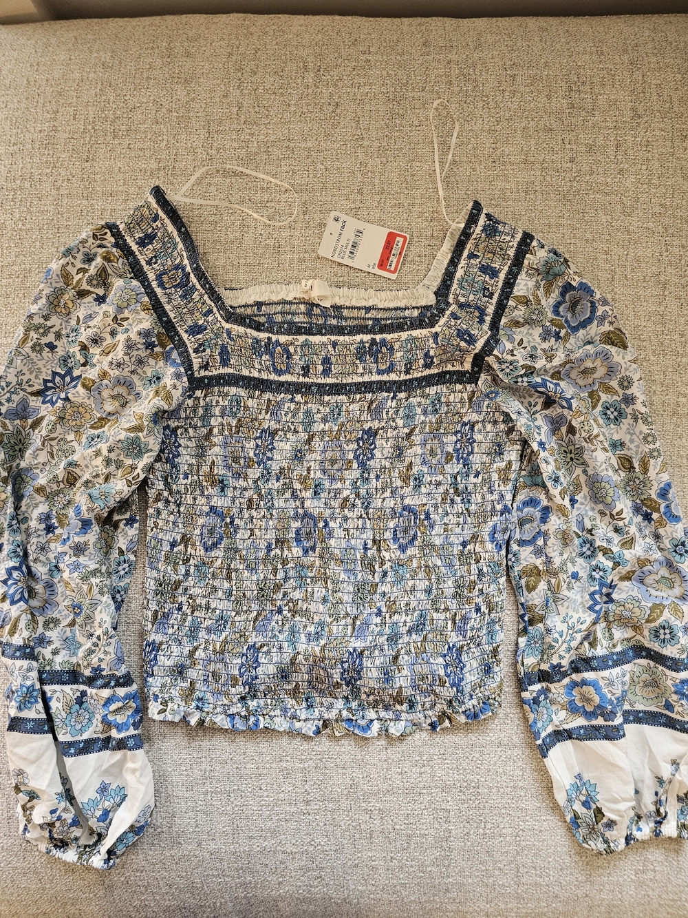 Smocked Square-Neck Floral Blouse